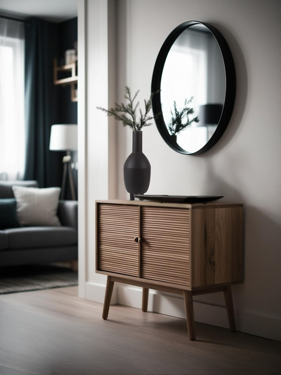 Tall black sculptural ceramic vase on wooden entry table in a Wabi-Sabi Japandi style entry

