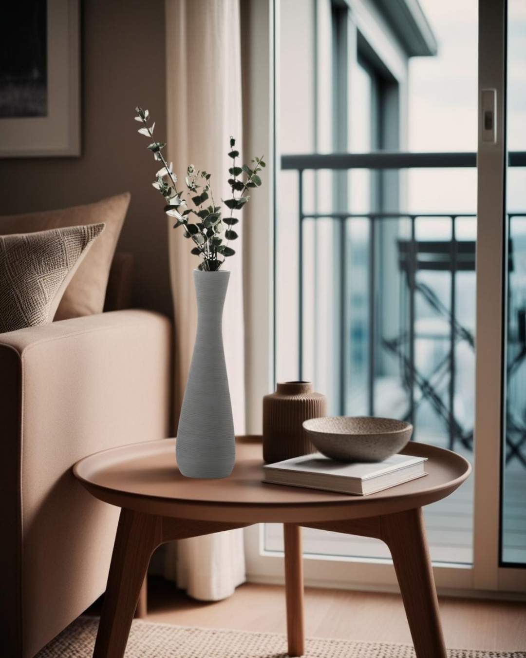 Tall gray vase on a round end table in a minimalist apartment with large window
