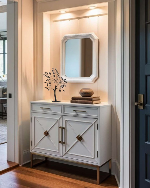 Tall metal tree decorative accent on white entry table in a farmhouse style entry.