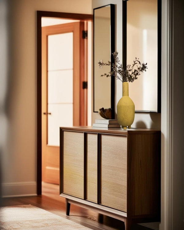 Tall ochre yellow ceramic vase on entry table in a Wabi-Sabi Japandi style entry

