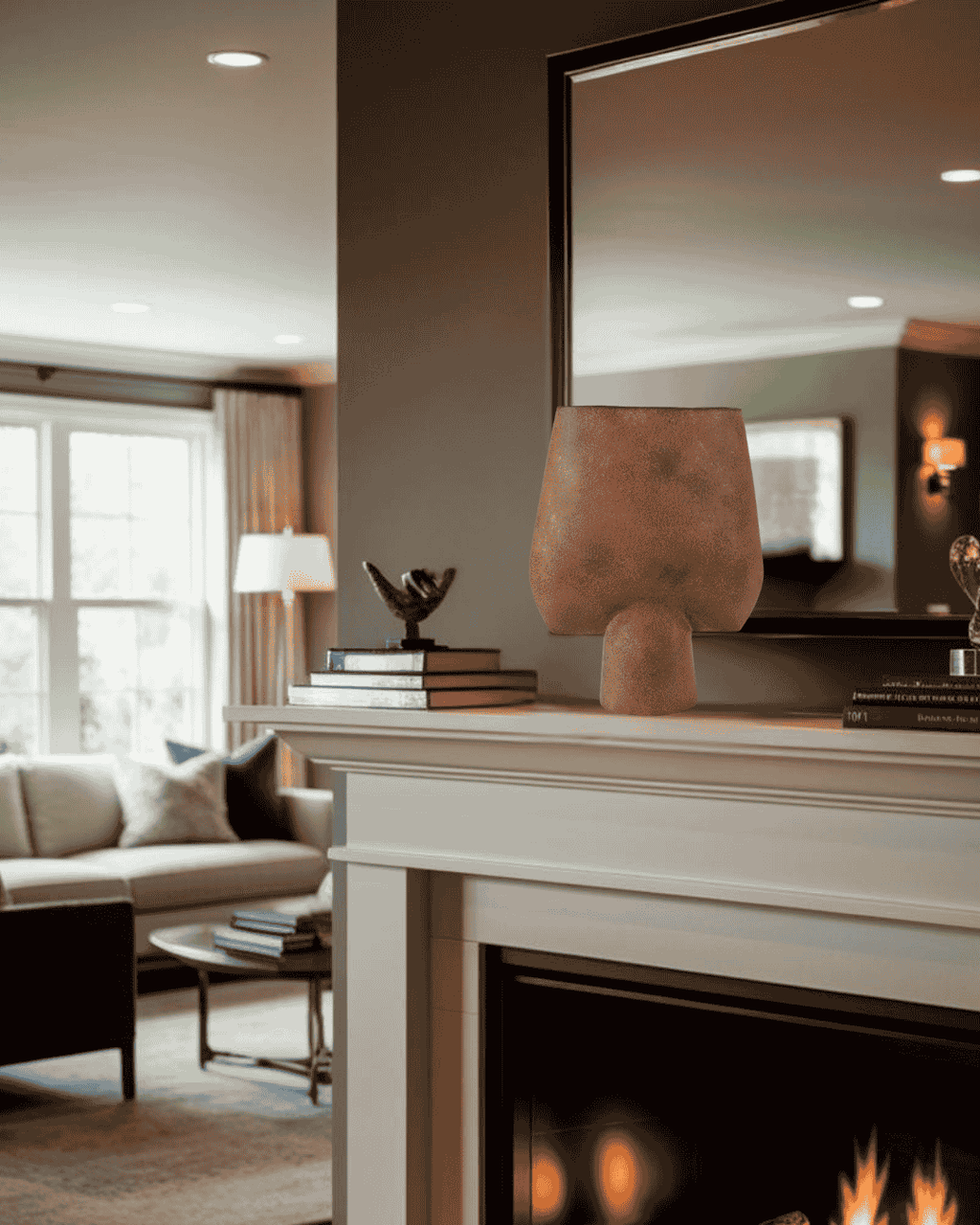 Tall terracotta ceramic sculptural vase on fireplace mantel in a Wabi-Sabi Japandi style living room