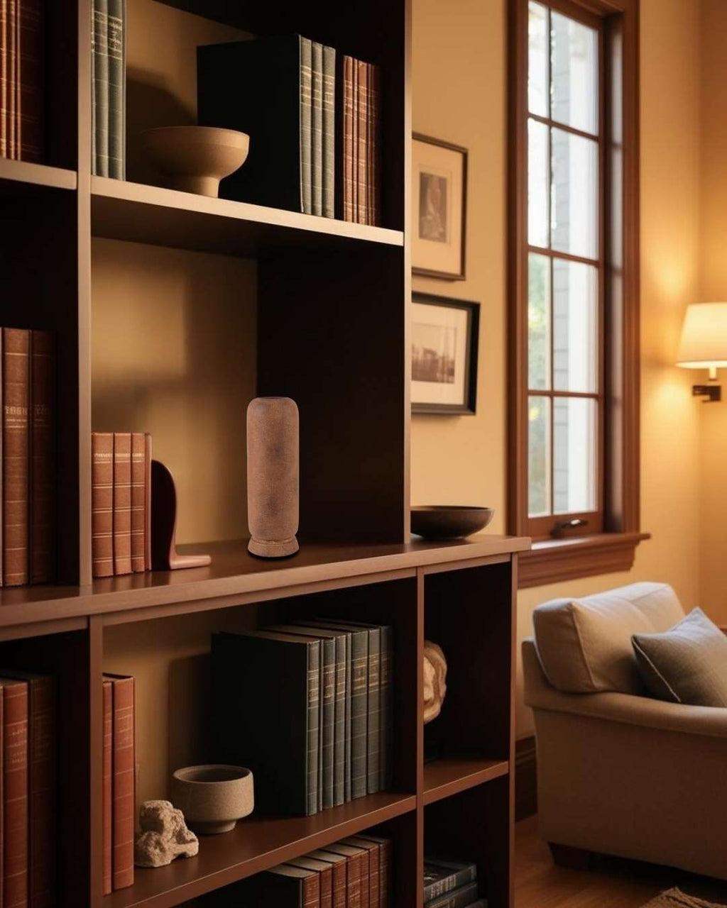 Tall terracotta ceramic vase on a wooden bookcase in a cozy minimalist reading living room