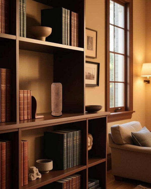 Tall terracotta ceramic vase on a wooden bookcase in a cozy minimalist reading living room