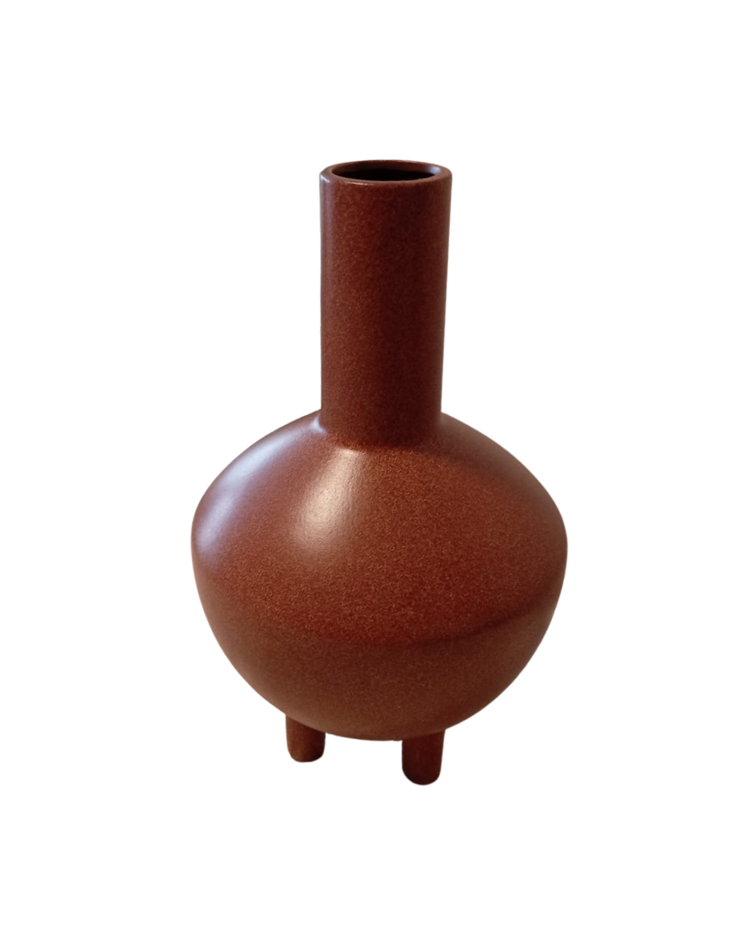 Tall terracotta tripod ceramic vase isolated on white background

