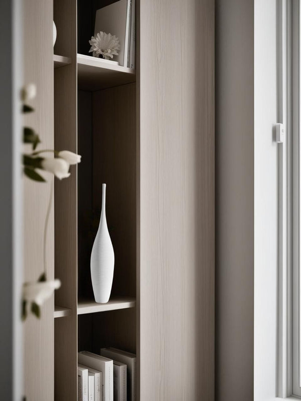 Tall white vase on bookcase in a compact Japandi living room










