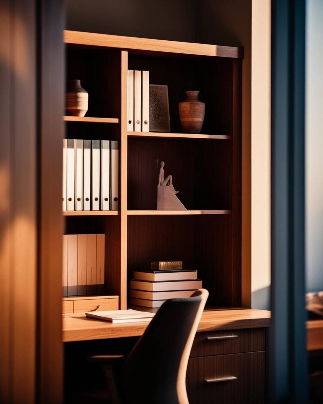 terracota modern human sculpture on bookcase in a Japandi style office