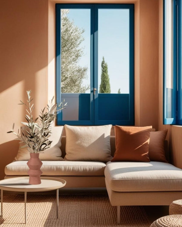 Terracotta geometric vase with olive branches on a round coffee table in a Mediterranean living room with neutral sofa, terracotta cushions, and blue window frames.







