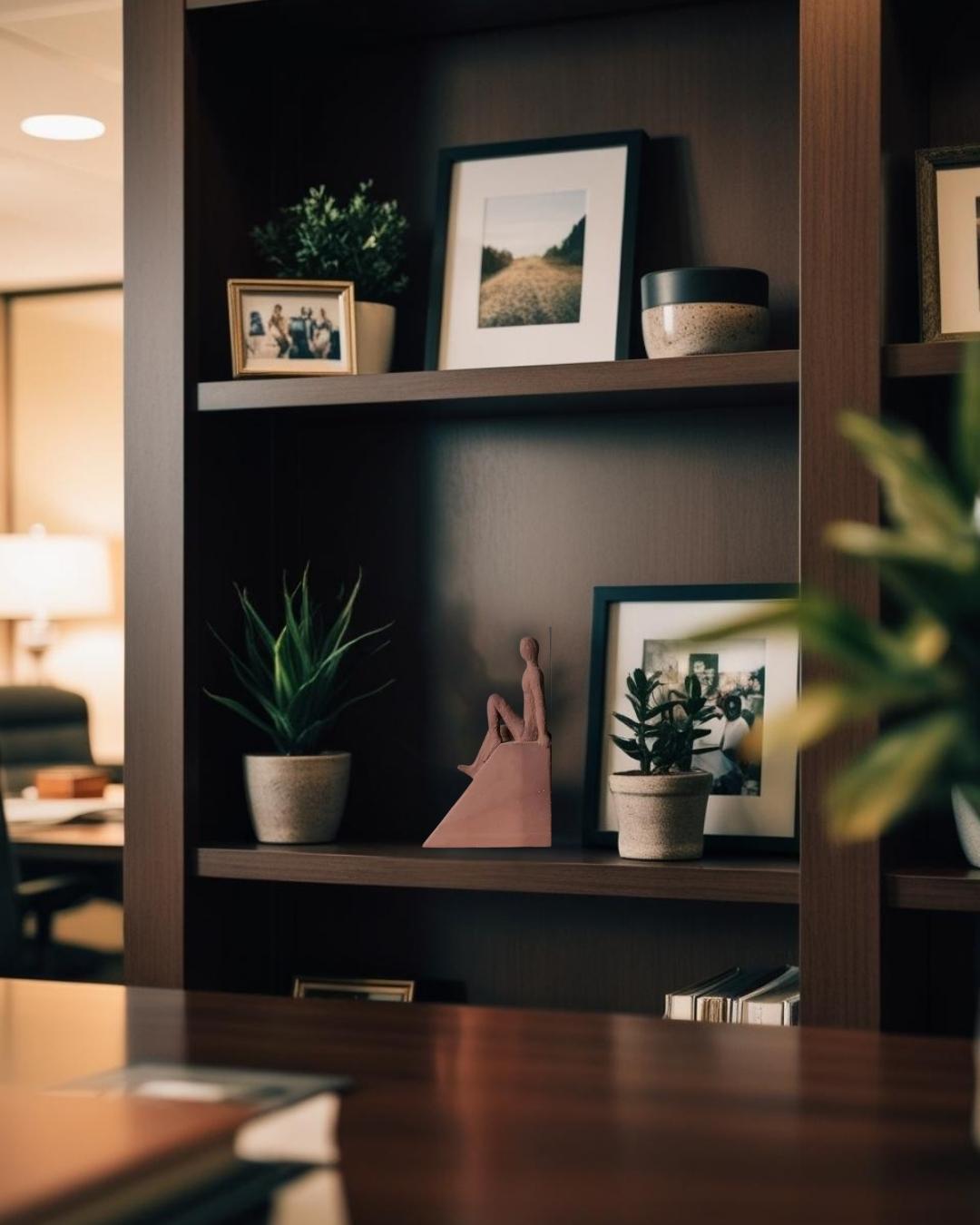 Terracotta modern human sculpture on dark wood bookcase in a Japandi style room