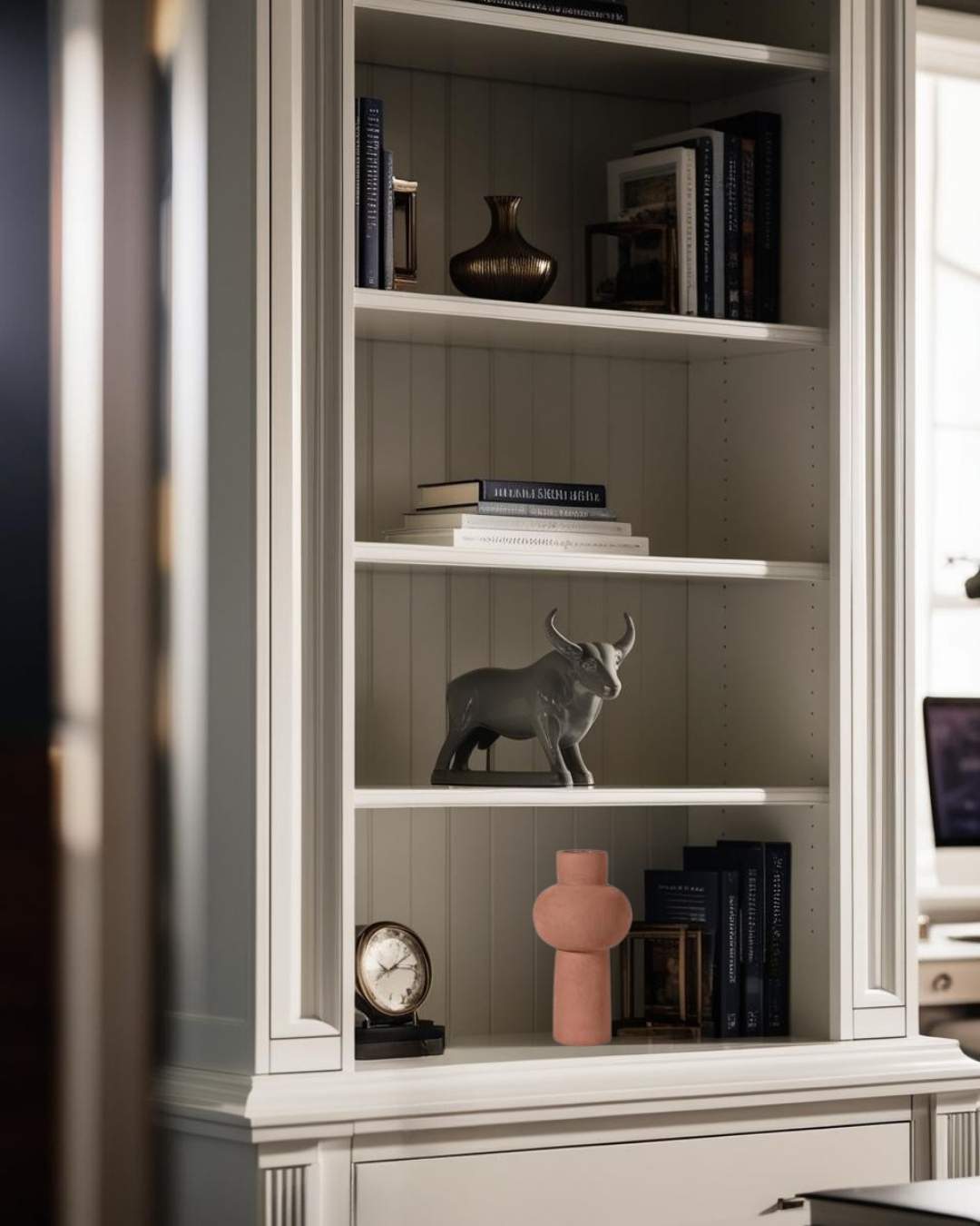 Terracotta wabi sabi sculptural vase on a built-in white bookcase in a minimalist home office