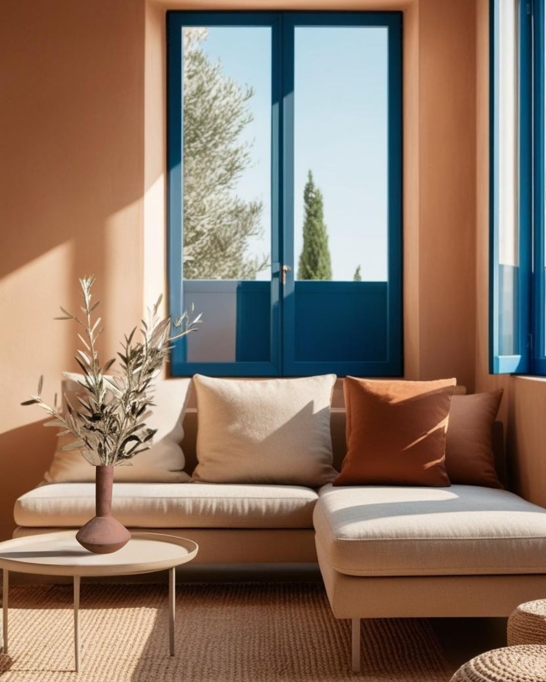 Terracotta vase with olive branches on a round coffee table in a Mediterranean-style living room with neutral sofa and blue window frames.







