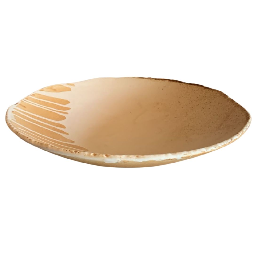 Top view of a brown rustic shallow porcelain bowl with handmade texture on white background