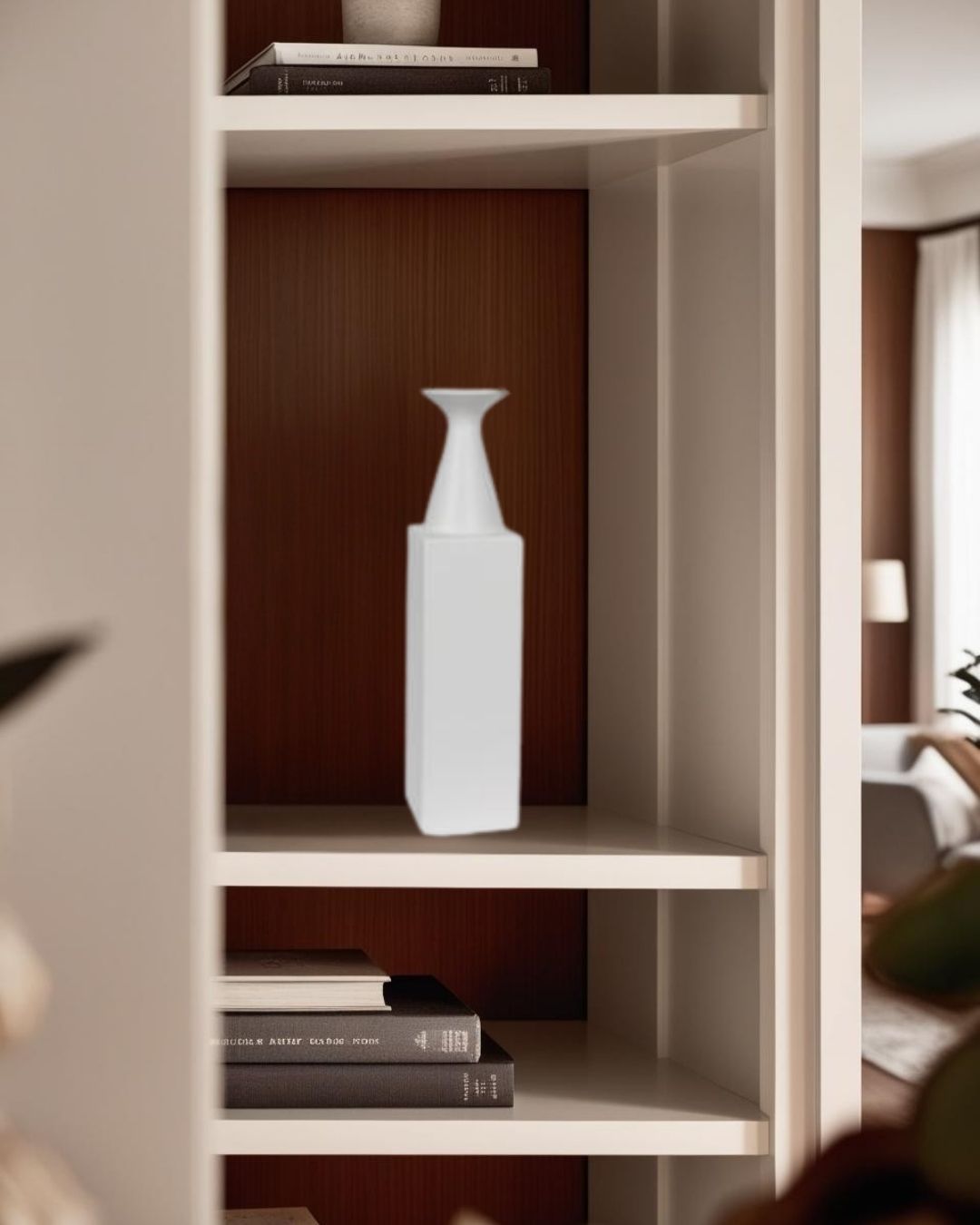 White abstract ceramic pitcher on shelf in a Japandi style living room
