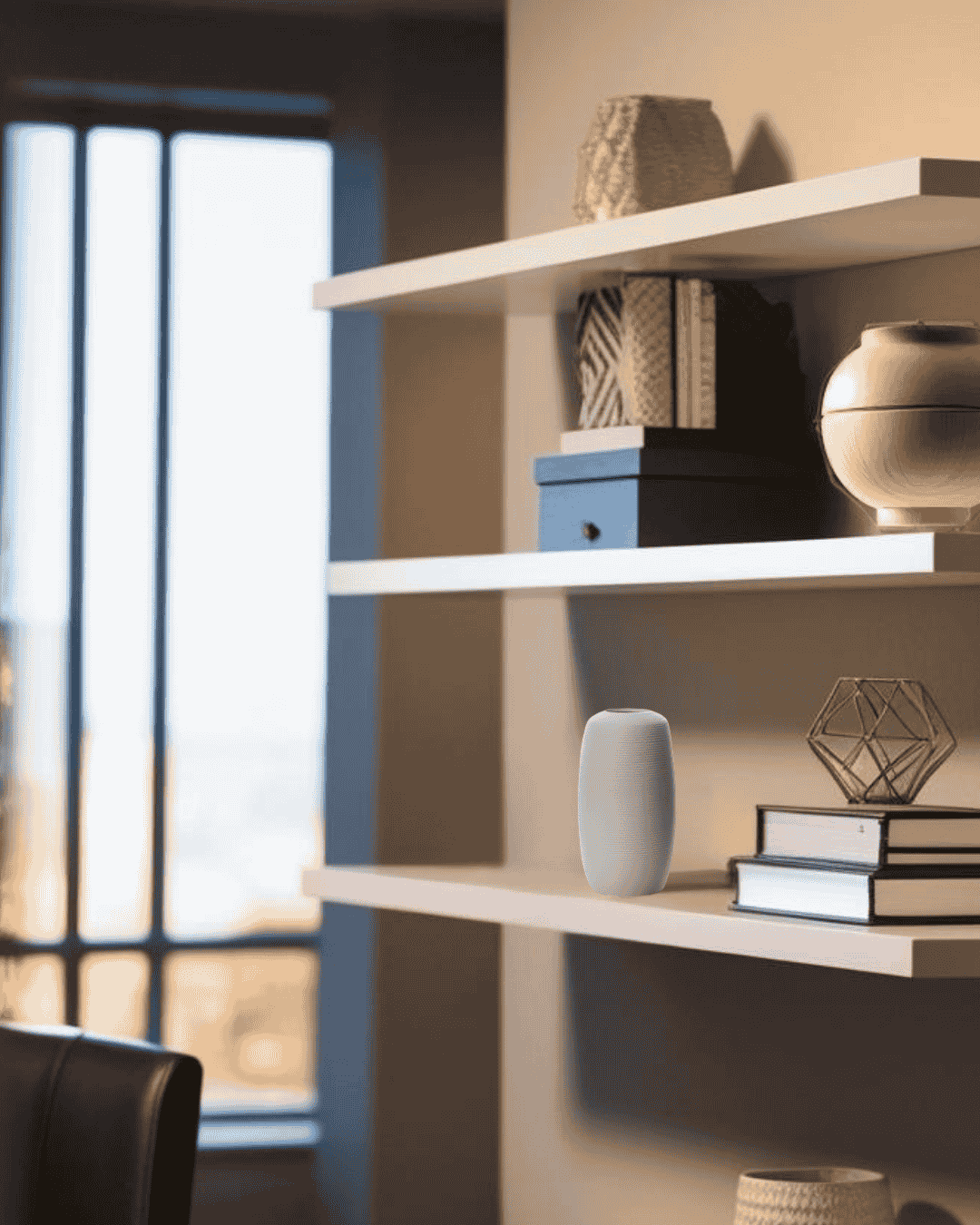White ceramic vase on floating shelf in a compact Scandinavian home office

