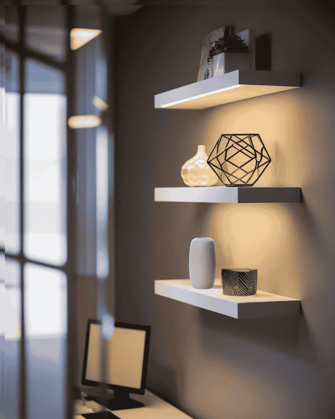 White ceramic vase on a floating shelf in a transitional home office.

