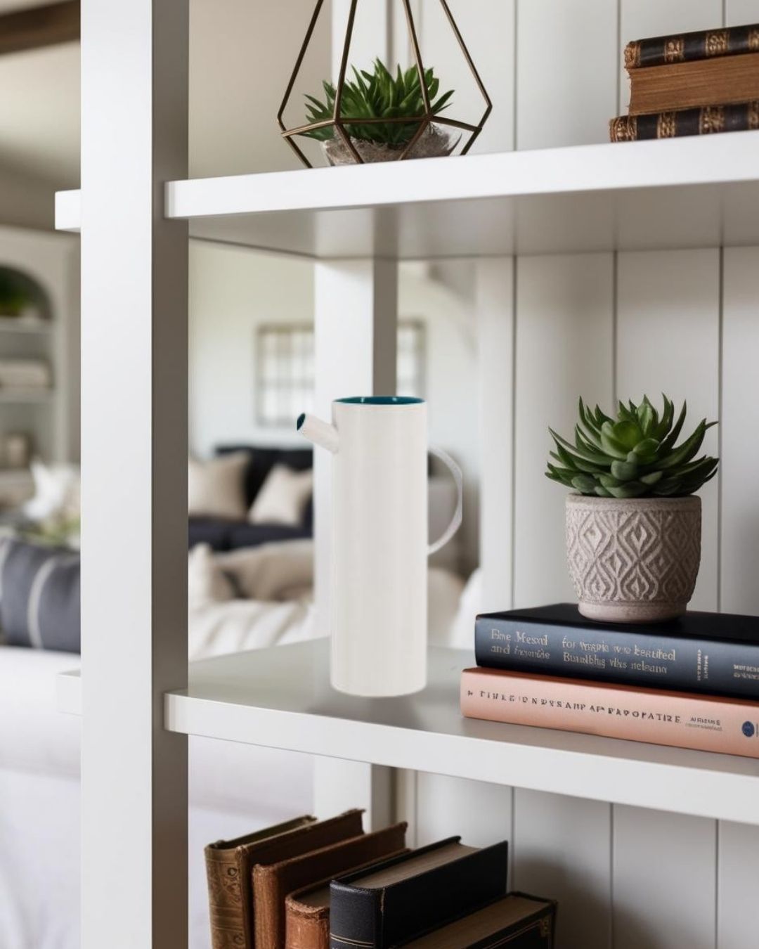 White decorative pitcher on white shelf with books and small succulent in farmhouse style living room