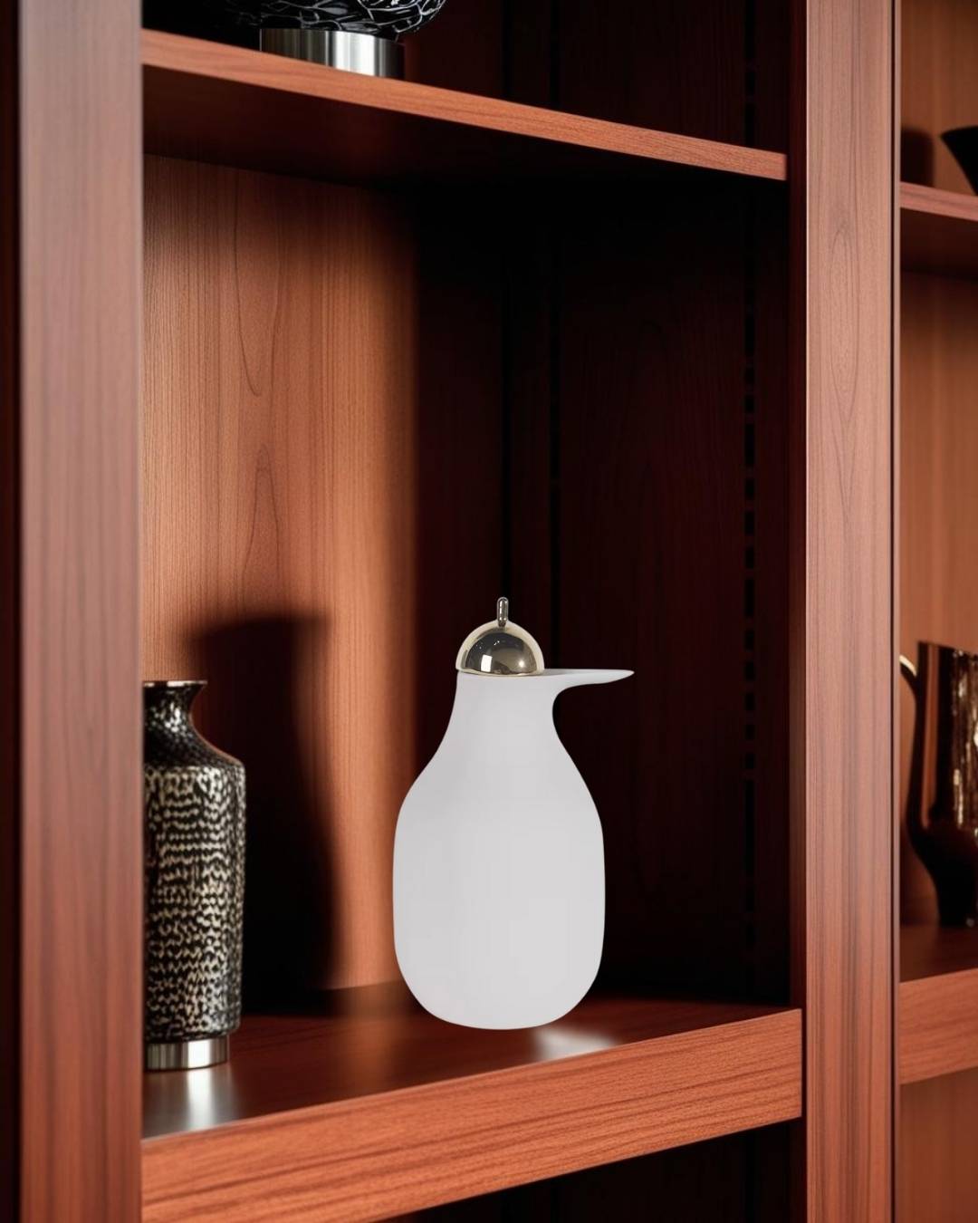 White decorative pitcher on reddish bookcase 
