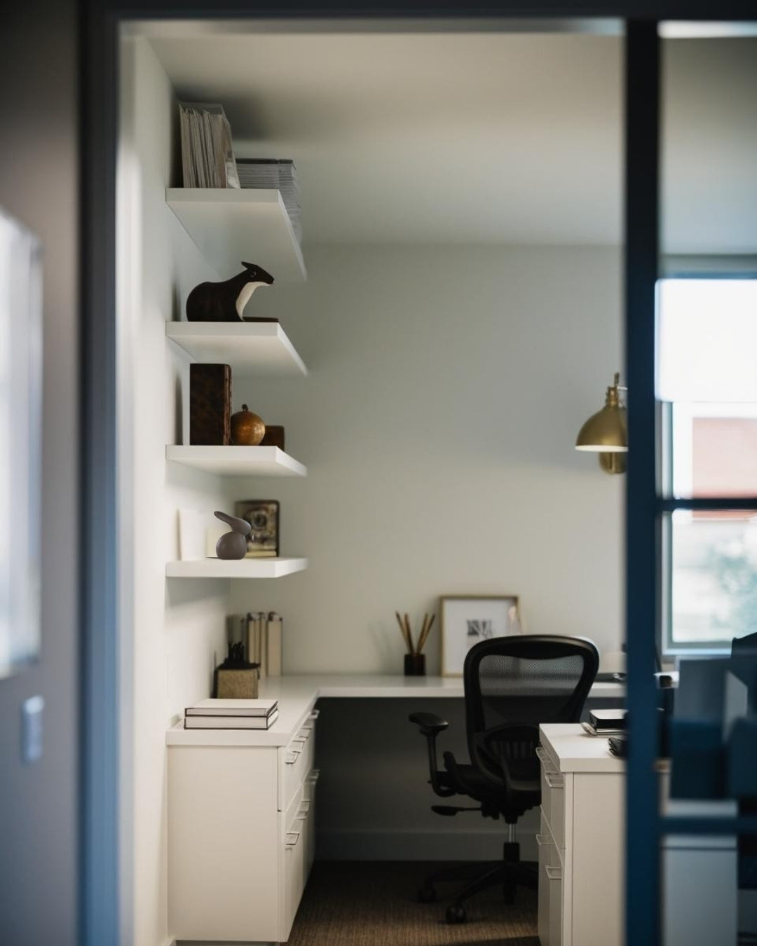 Animal inspired decor accents on white floating shelf unit in farmhouse home office