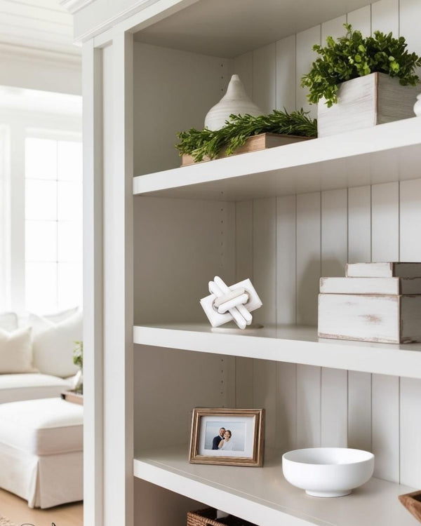 White knot sculpture on farmhouse bookshelf in living room