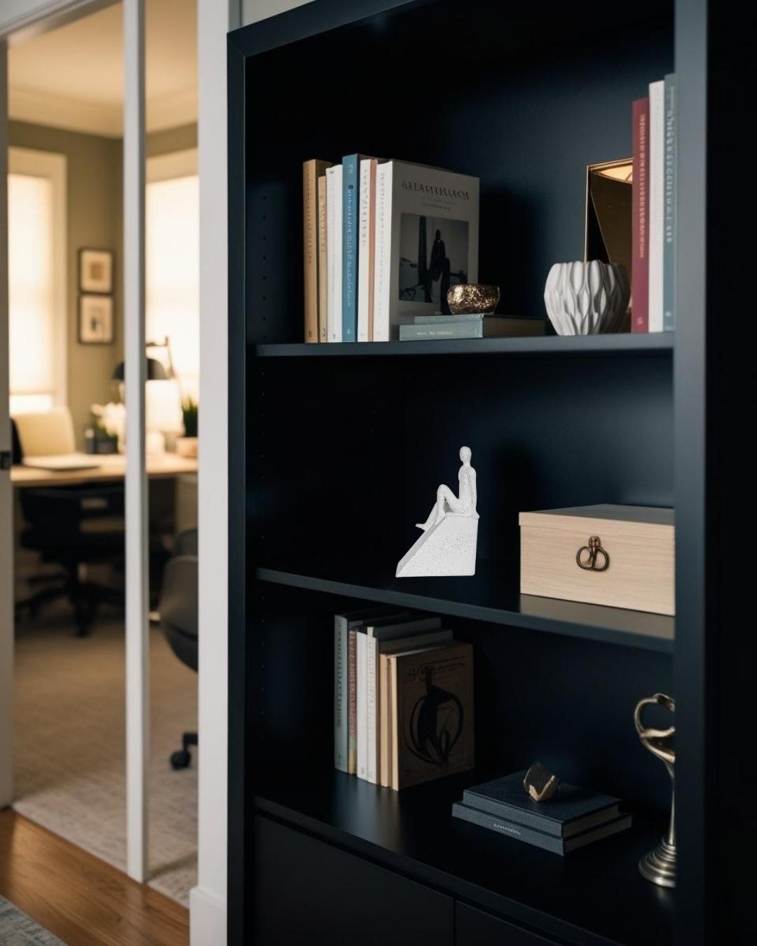 White modern human figure on bookcase in a Japandi style home office
