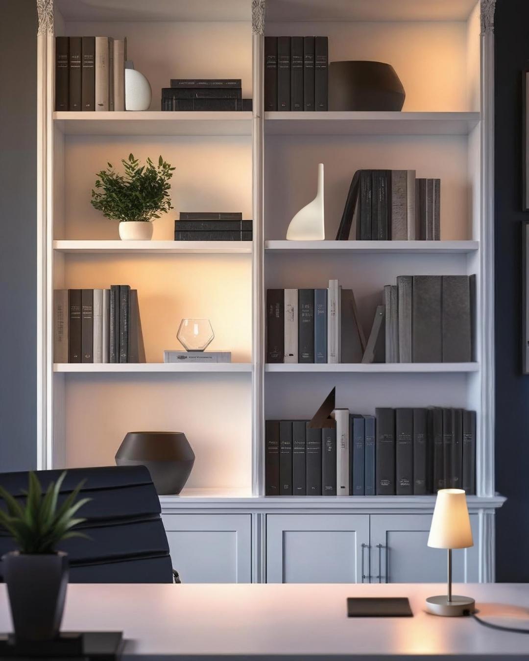 White sculptural bookend on a softly lit bookcase in a modern home office with decorative books and desk lamp