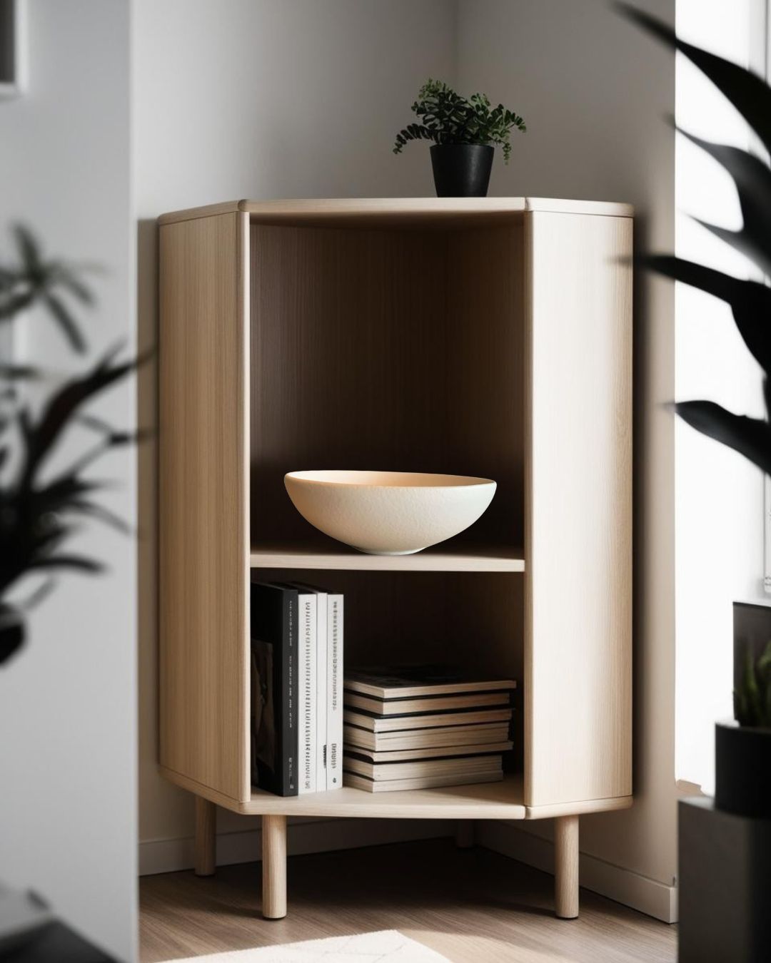 White shallow porcelain bowl on an open wood bookcase in a Scandinavian style living room with modern shelving