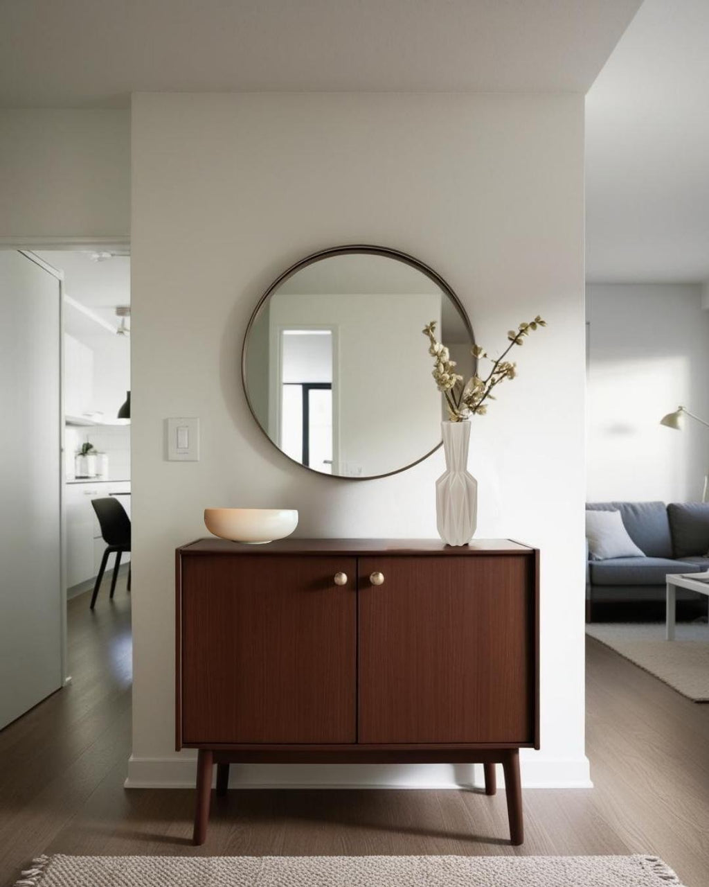 White shallow porcelain bowl on wooden entry table with round mirror and ceramic vase in a Scandinavian style entryway