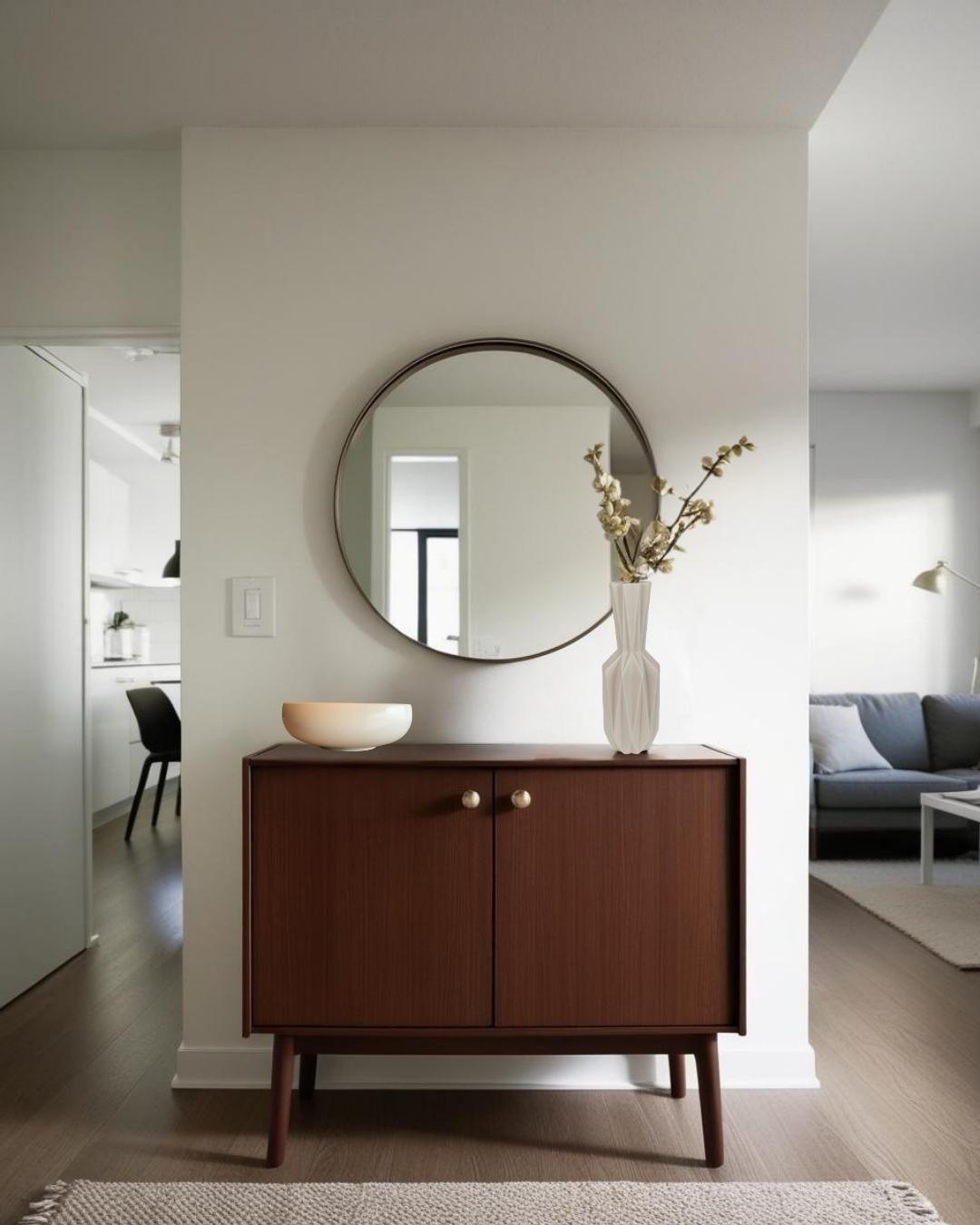 White shallow porcelain bowl on wooden entry table with round mirror and ceramic vase in a Scandinavian style entryway