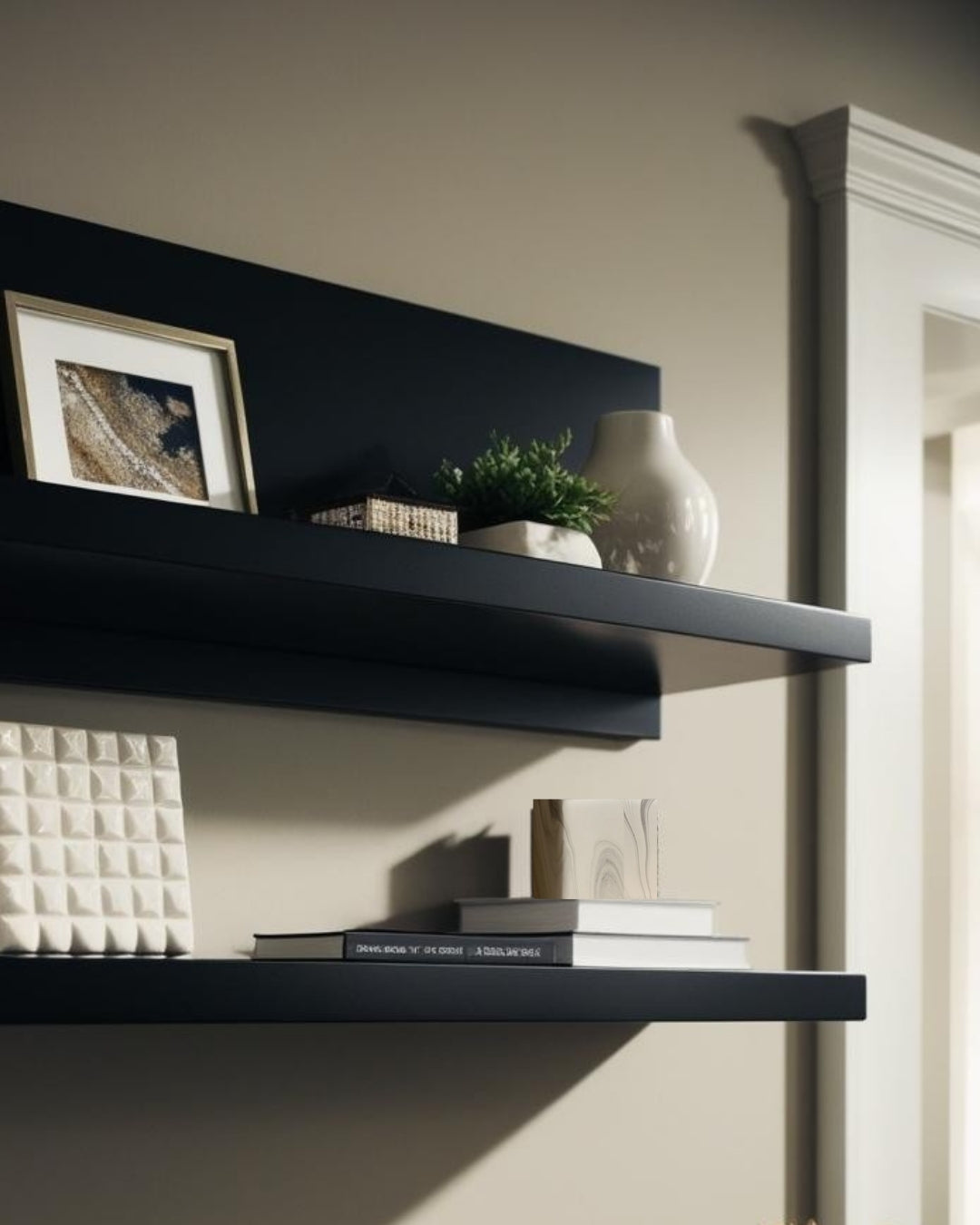 White square decorative accent on black floating shelf with books and ceramic vase in farmhouse home office