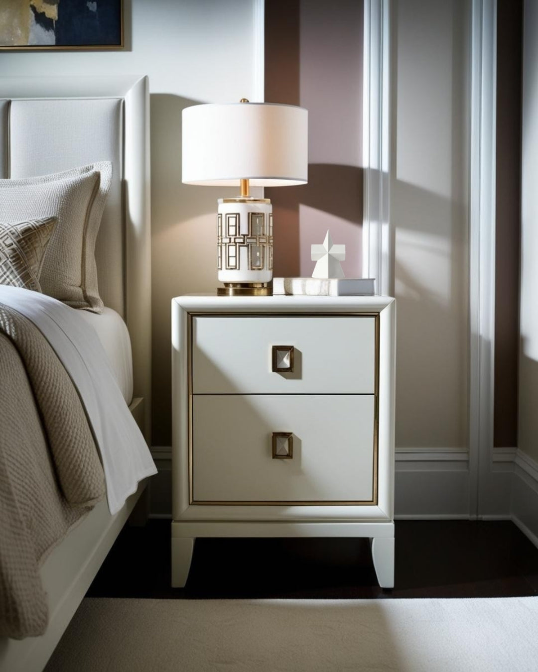 White star-shaped geometric accent on light nightstand with lamp in farmhouse style bedroom