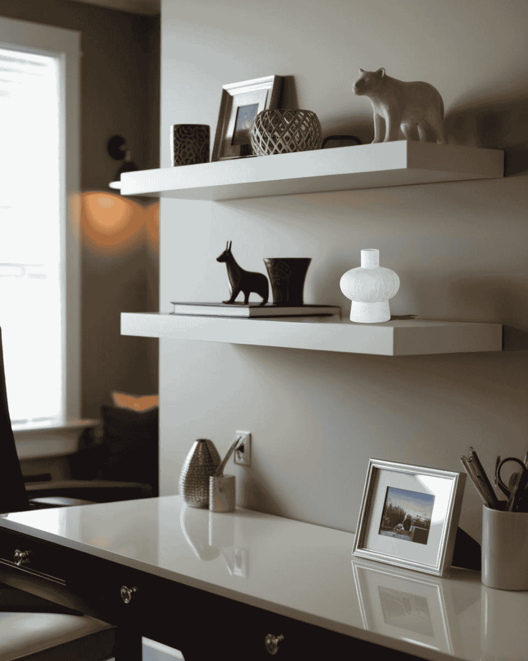 White vase and decor on floating shelf in a Scandinavian home office

