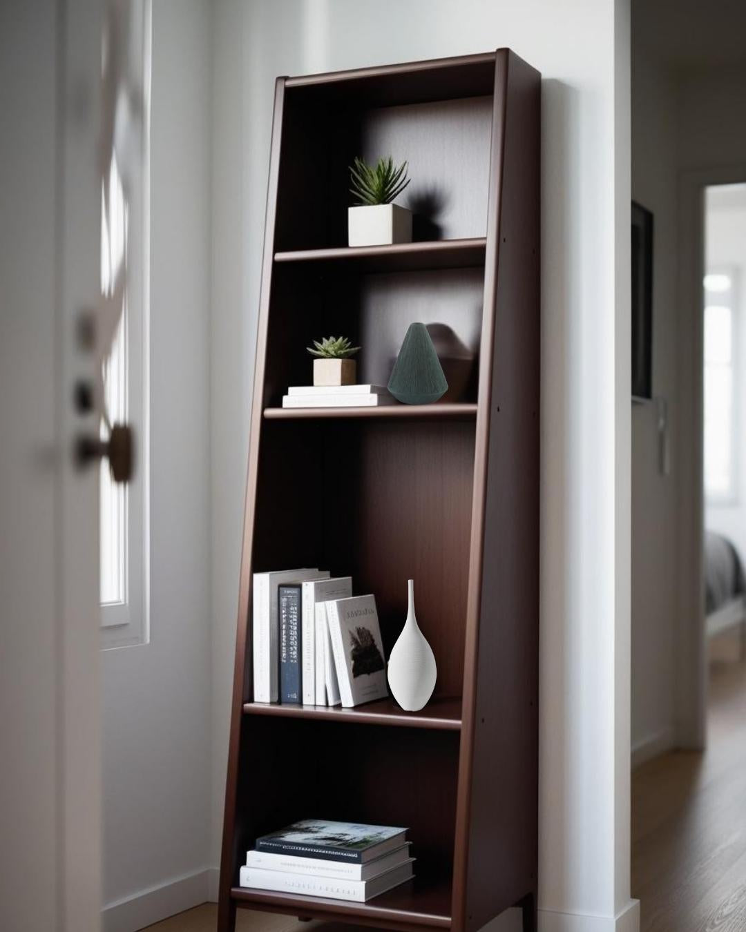 White vase on bookcase in a compact scandinavian living room 


