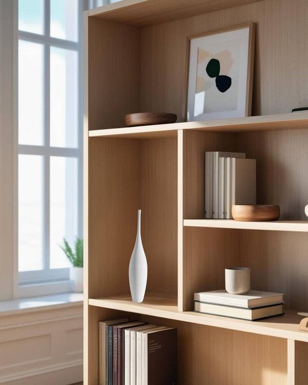 White vase on shelf in a compact Scandinavian living room in an apartment

