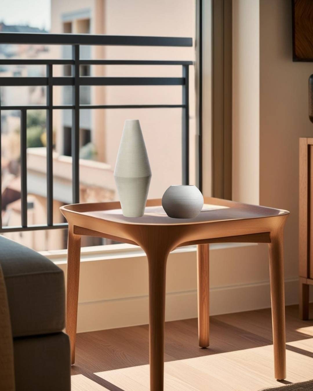 White vase on end table in a compact scandinavian entry in an apartment

