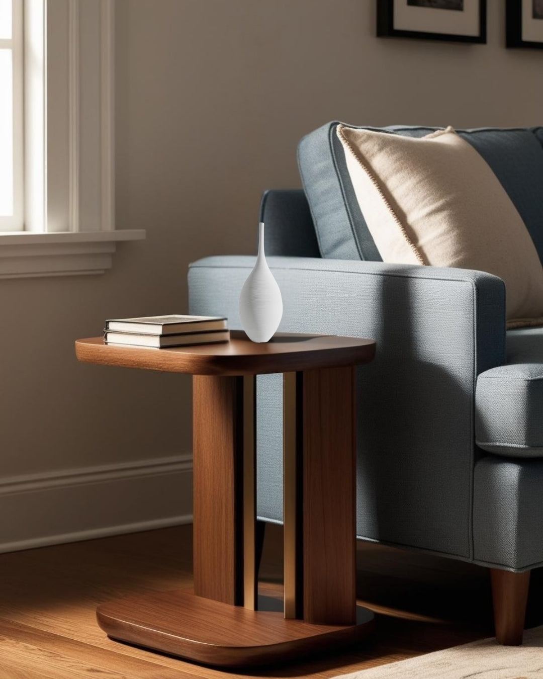 White vase on end table in a compact transitional living room

