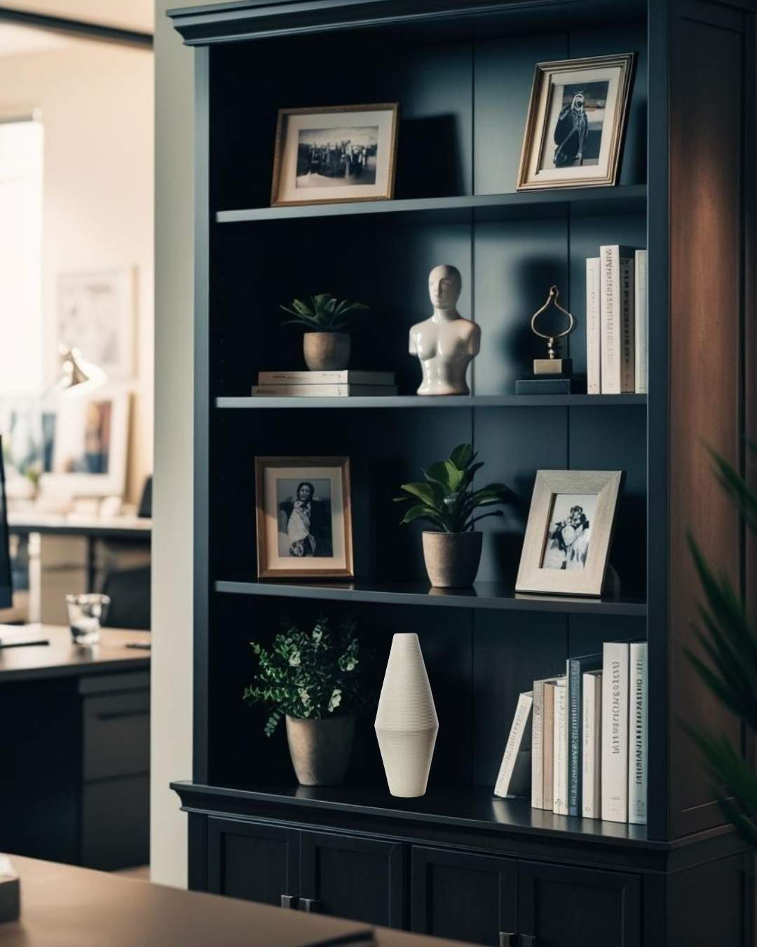 White vases on bookcase in a compact traditional home office