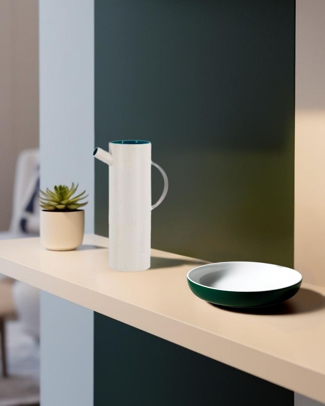 white decorative white pitcher on floating shelf in living room