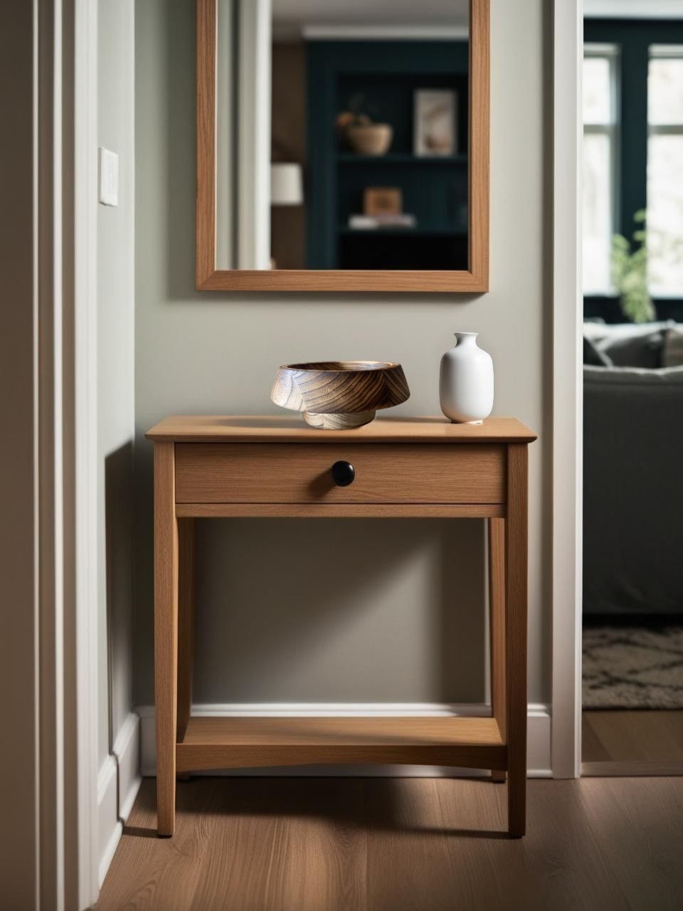 Wooden decorative bowl on a slim entry console with mirror in a narrow Scandinavian style entryway