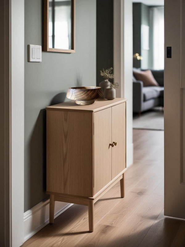 Wooden decorative bowl on a white entry table in a bright Scandinavian style hallway with minimalist design