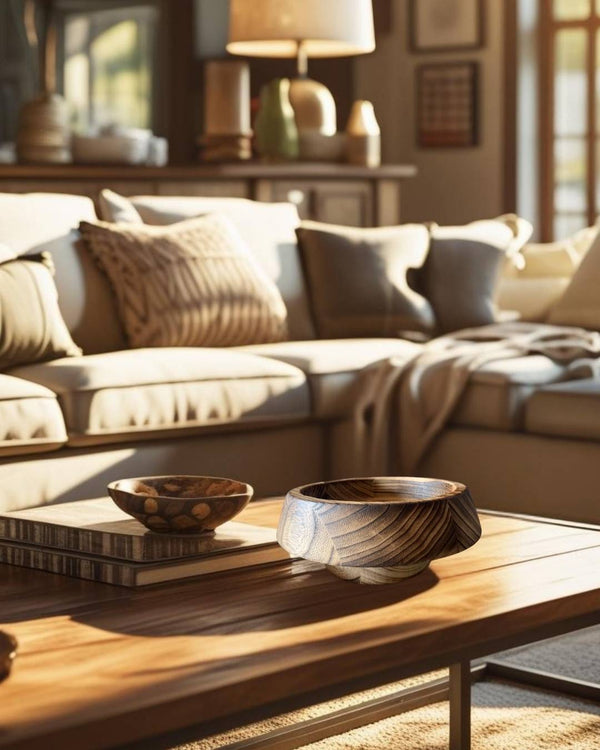Set of wooden decorative bowls on a wooden coffee table in a cozy farmhouse style living room with beige sofa and cushions