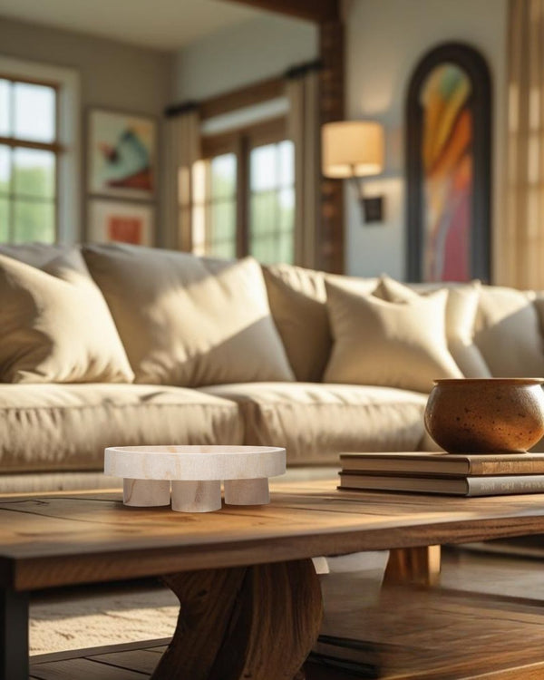 Wooden rustic decorative bowl on a wooden coffee table in a farmhouse style living room with beige sofa and neutral pillows